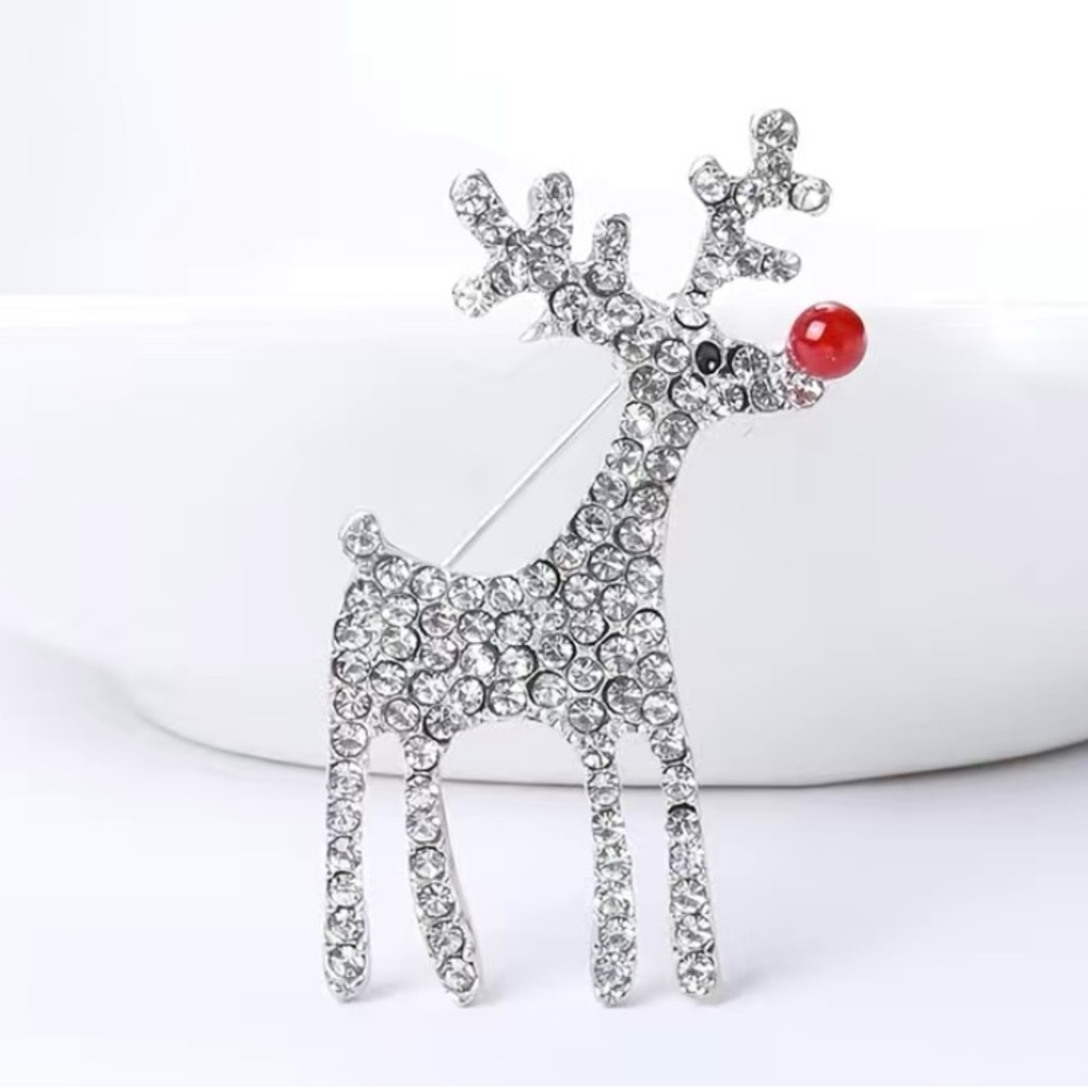 Rudolph Reindeer Brooch Pin Silver & Gemstone Crystals NEW!